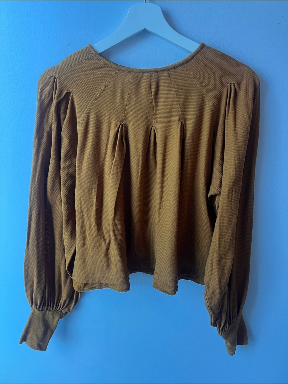 Free People Billie Ribbed Balloon Long Sleeve Blouse Brown Top Small Mustard - Picture 5 of 10